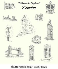 London city collage hand drawn isolated vector illustration