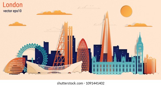 London city colorful paper cut style, vector stock illustration. Cityscape with all famous buildings. Skyline London city composition for design 