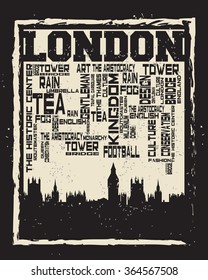 London city concept, logo, label. Word and Icon Cloud. Hipster style. T-shirt design. Typography. Creative poster design.