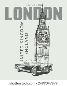 Concepto de la ciudad de Londres, camiseta del Reino Unido de Londres, gráfico de tipografía de la ciudad de Londres para imprimir, diseño de la camiseta, coche retro, diseño abstracto del cartel de Londres.