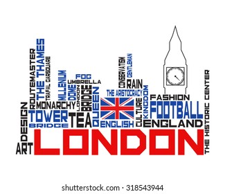 London city concept.  Word and Icon Cloud. Hipster style. T-shirt design. Typography.
Creative poster design.