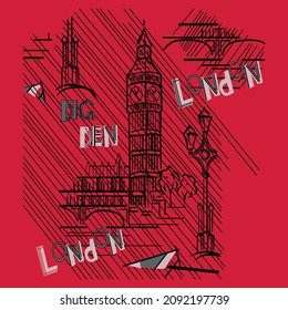 'London City' design by illustration. A big tower seen here completely. Vector design made for t shirt printing, garments printing, fabrics printing and many others.