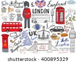 London city doodles elements collection. Hand drawn set with, tower bridge, crown, big ben, royal guard, red bus and cab, UK map and flag, tea pot, lettering, vector illustration isolated.