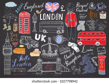 Colección de elementos de doodles de la ciudad de Londres. Conjunto dibujado a mano con, torre puente, corona, gran bén, guardia real, bus y taxi rojo, mapa y bandera del Reino Unido, tetera, letras, ilustración vectorial aislada.