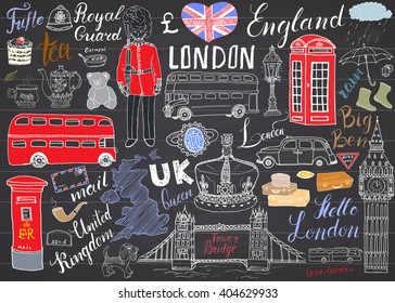 Colección de elementos de doodles de la ciudad de Londres. Conjunto dibujado a mano con, torre puente, corona, gran bén, guardia real, bus y taxi rojo, mapa y bandera del Reino Unido, tetera, letras, ilustración vectorial aislada.