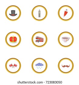 London city elements icons set. Cartoon style set of 9 London city elements vector icons for web design