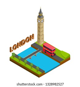 London city famous landmark of capital england symbol Britain travel business concept. Isometric view. English red bus and Big Ben.