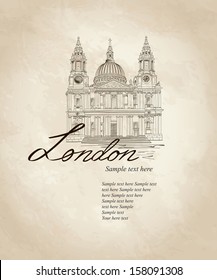 London city famous landmark Saint Paul Cathedral. Travel Great Britain hand drawn icon. Architectural sketch tourist symbol vintage background.