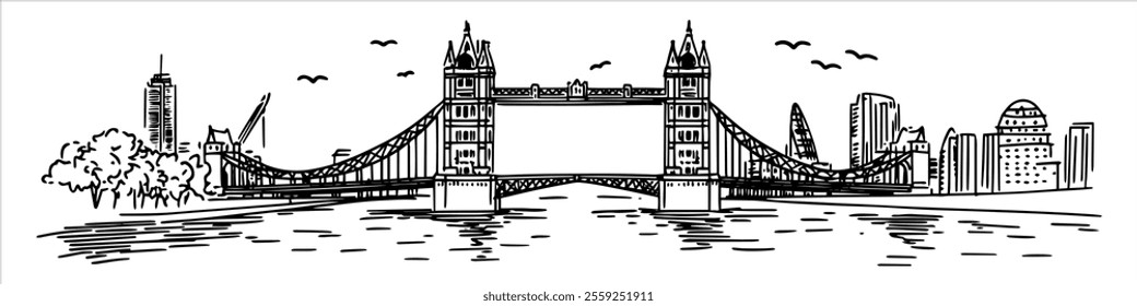 London city ​​panorama hand drawing doodle hatching vector sketch