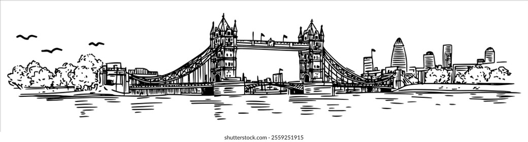 London city ​​panorama hand drawing doodle hatching vector sketch