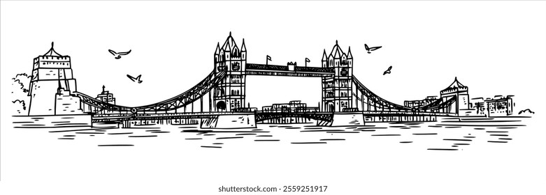 London city ​​panorama hand drawing doodle hatching vector sketch