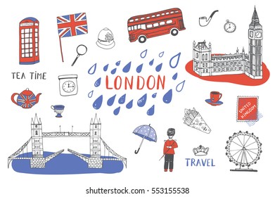London city hand drawn objects set. Vector city illustration.