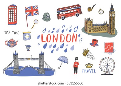 London city hand drawn objects set. Vector city illustration.