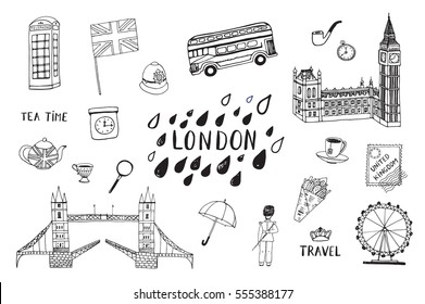 London city hand drawn objects set. Vector city illustration.