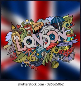 London city hand lettering and doodles elements and symbols emblem. Vector blurred background