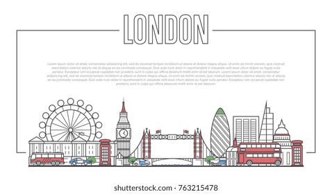 London city landmark panorama with famous modern and ancient architecture in trendy linear style. London national landmarks on white background. Worldwide traveling and journey vector concept.