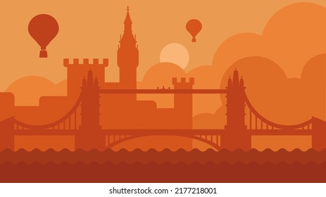 London city landscape with castle and river vector. Great britain capital town antique building, bridge tower and thames. Touristic historic yellow scenery monument location flat cartoon illustration