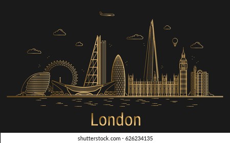 London city line art, golden architecture vector illustration, skyline city, all famous buildings.