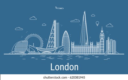 London city line art Vector illustration with all famous buildings. Cityscape.