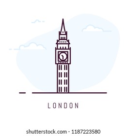 London city line style illustration. Big Ben famous tower is London. Outline building vector illustration. Sky with clouds on background.