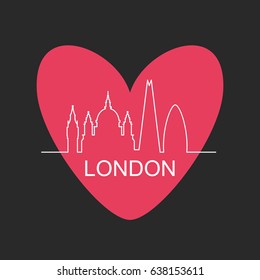 London City logo. Vector illustration of London Skyline simple line silhouette on the heart shape. Modern Design.