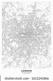 Afiche del mapa de la ciudad de Londres. Mapa detallado de Londres (Reino Unido). Sistema de transporte de la ciudad. Incluye funciones de mapa correctamente agrupadas (objetos de agua, vías férreas, carreteras, etc.).