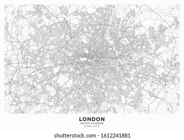 London city map poster. Detailed map of London (United Kingdom). Transport system of the city. Includes properly grouped map features (water objects, railroads, roads etc).