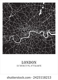London city map. Travel poster vector illustration with coordinates. London, England, The United Kingdom Vector Map in dark mode.