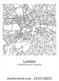 London city map. Travel poster vector illustration with coordinates. London, England, The United Kingdom Vector Map in light mode.