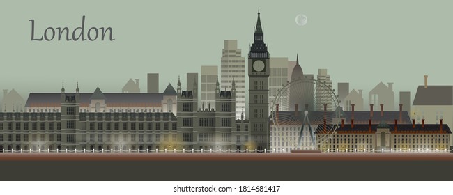 La ciudad de Londres de noche. Silueta de vector de Panorama Ilustración en los puntos de referencia grises de Londres, Inglaterra.