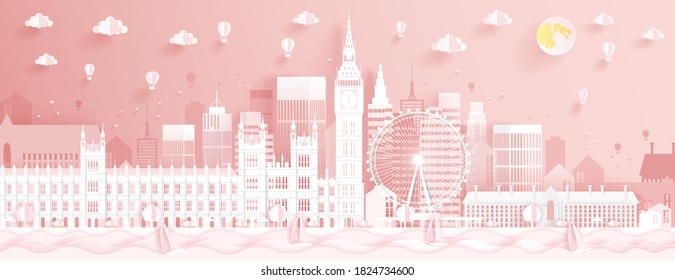 Ciudad de Londres en la silueta vector Panorama Ilustración en el fondo rosa de los monumentos de Londres, Inglaterra.