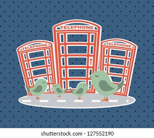 london city with Phoneboxes with birds. vector illustration