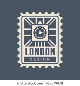 London city postal stamp with abstract Big Ben silhouette and British flag on background. Historical architecture. Original flat vector icon in blue color