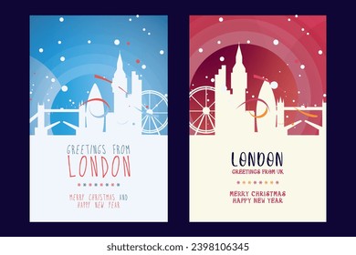 London city poster with Christmas skyline, cityscape, landmarks. Winter UK, England capital holiday, New Year vertical vector layout for brochure, website, flyer, leaflet, card