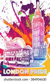 London city scape sketch with Big ben, double decker bus and London Eye. Grunge background with rainbow spots. Gay pride poster. EPS10 vector illustration.