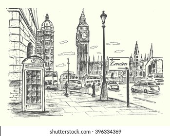 London city scene with Big Ben,road,traffic,architecture,telephone booth.Ink hand drawn  style,isolated,vector, illustration.