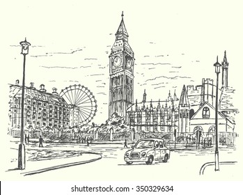 London city scene hand drawn style isolated,vector illustration 