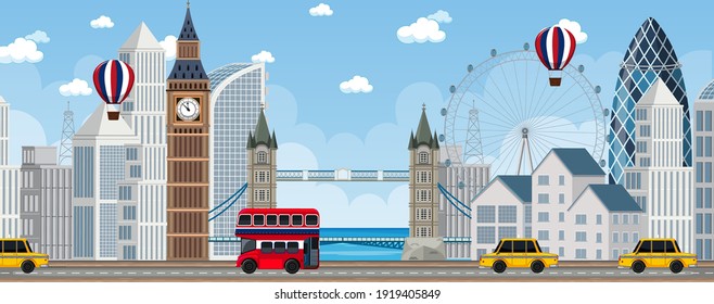 London city scene with many landmarks illustration