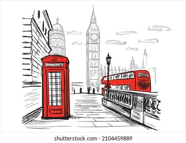 London city scene with  telephone line, Big Ben, architecture. Hand drawn illustration, Vector.