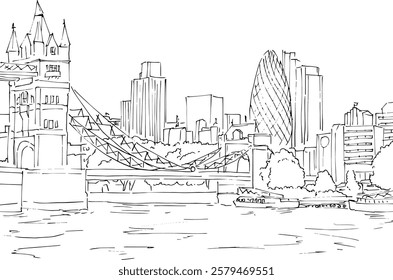 London city seen from beside the river with bridge