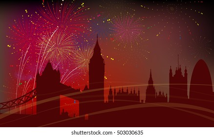 London City Silhouette, Celebration, Fireworks 