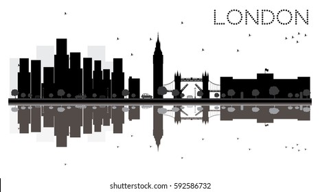 London City skyline black and white silhouette with Reflections. Vector Illustration. Simple flat concept for tourism presentation, banner, placard or web site. Cityscape with landmarks.
