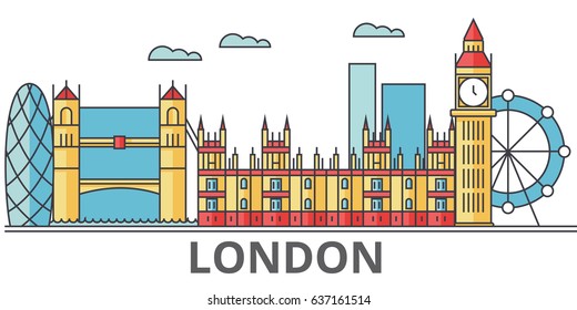 London city skyline: buildings, streets, silhouette, architecture, landscape, panorama, landmarks. Editable strokes. Flat design line vector illustration concept. Isolated icons on white background