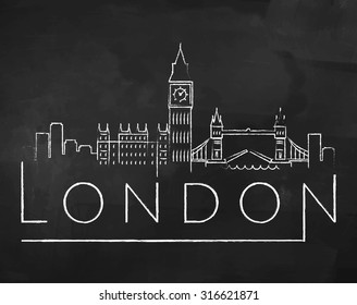 London City Skyline with Chalk Drawing on a Blackboard