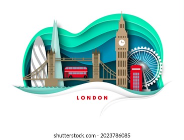 London city skyline, England, UK, vector illustration in paper art style. Big Ben London clock, Tower bridge, ferris wheel, world famous landmarks and tourist attractions. Global travel.