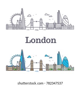 London city skyline with famous buildings, tourism england landmarks outline and bright vector illustration