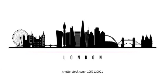 London city skyline horizontal banner. Black and white silhouette of London city. Vector template for your design.