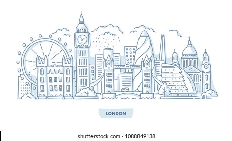 London City Skyline with Landmarks. Hand Drawn Illustration