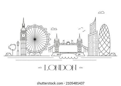 London city skyline in linear minimalist style. Line art vector illustration with famous landmarks of british capital. Combining the old city with modern skyscrapers.