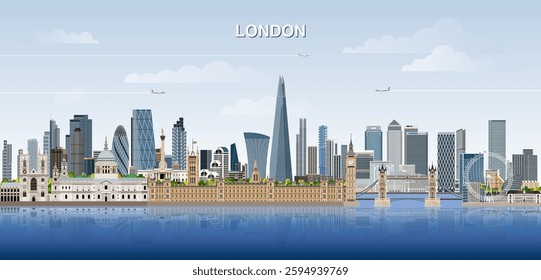 London city skyline on gradient beautiful day sky background. Vector illustration